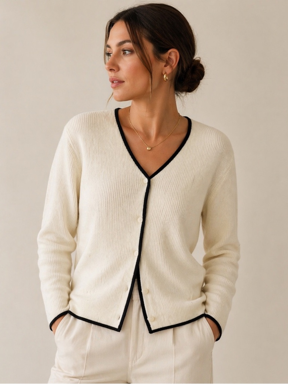 Vintage Liz Claiborne Studio Cardigan Cream Black Trim Rib Knit M